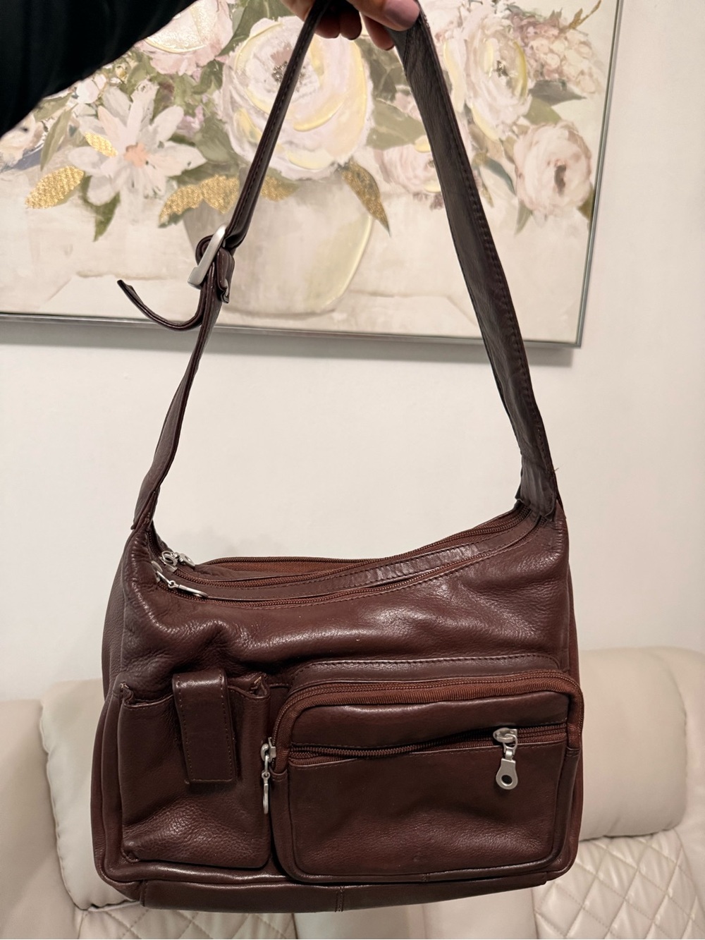 Men's Dark Brown Leather Messenger Bag with Front Pockets